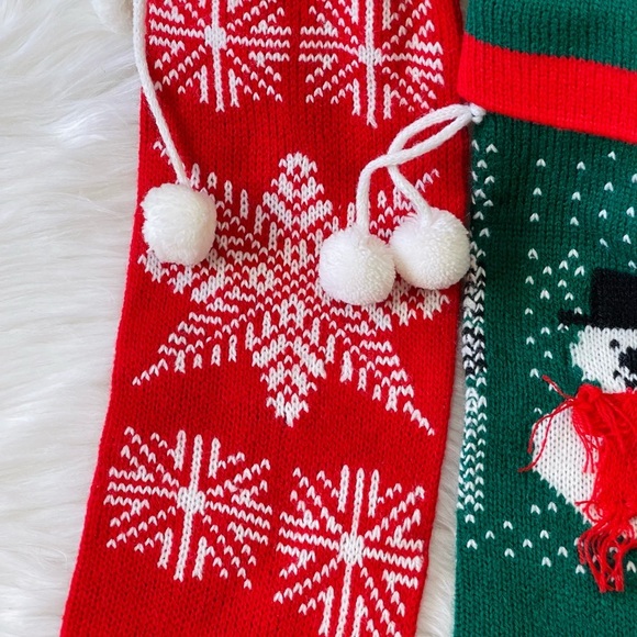 3/$25 Knit with Pom poms CHRISTMAS STOCKINGS set of 2 snowman snowflake HOLIDAY - Picture 3 of 6
